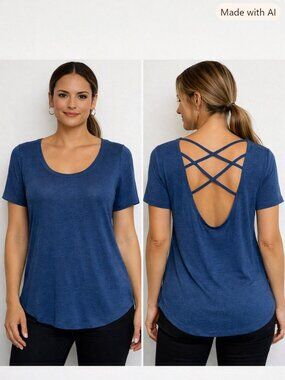 NWOT Chaser Crisscross‑Back Short Sleeve Tunic Scoop Neck Tee in Navy Blue S/M